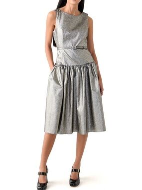 Metallic Silver Sleeveless Midi Skirted Dress